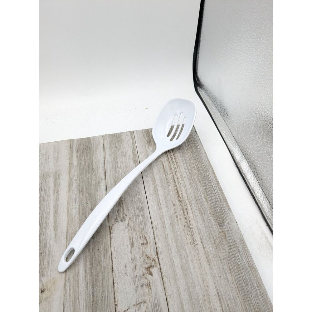 Vintage Indonesia White Melamine Ware Slotted Serving Spoon 11 1/2" Kitchen